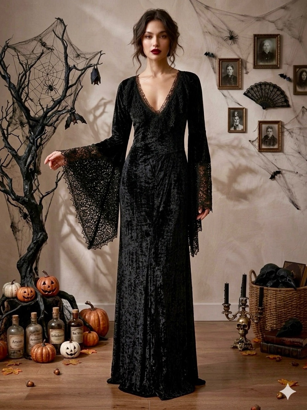 Goth Black Widow Spider Women’s Lacy Halloween Costume Medium